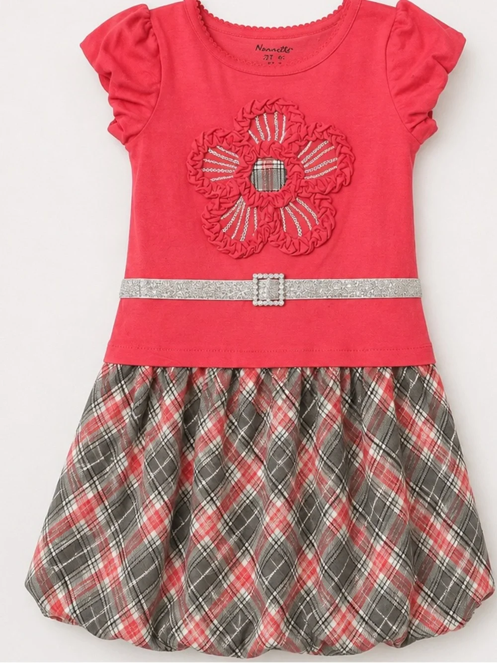 Nannette Coral pink Plaid Dress with Silver Glitter Belt